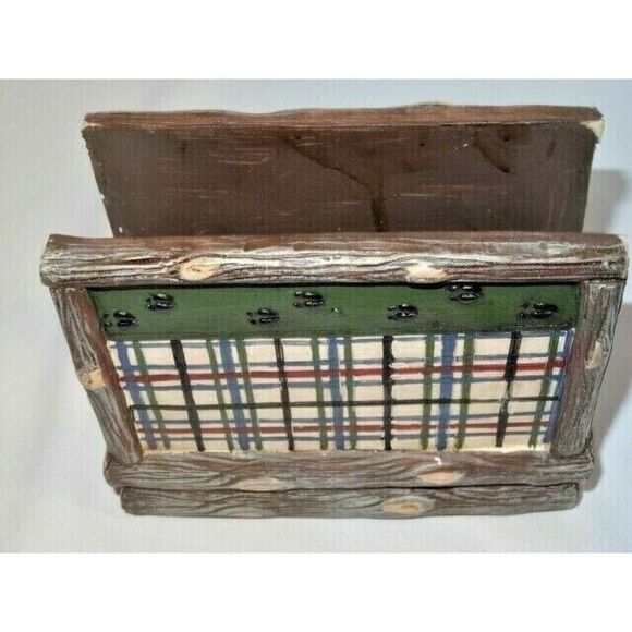 Moose Tracks Napkin Holder Plaid and Logs Design Tan Brown Green Stoneware Gift - Picture 6 of 6